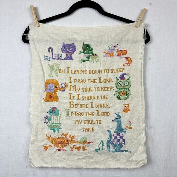 Vintage Needlepoint Now I Lay Me Down To Sleep Prayer Handmade Nursery Cottage - Picture 1 of 9